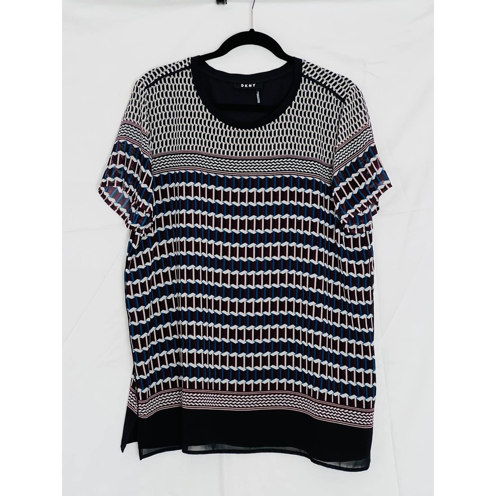 DKNY Printed Striped Black Blue Short Sleeve Crew Neck Lined Tunic Blouse XL